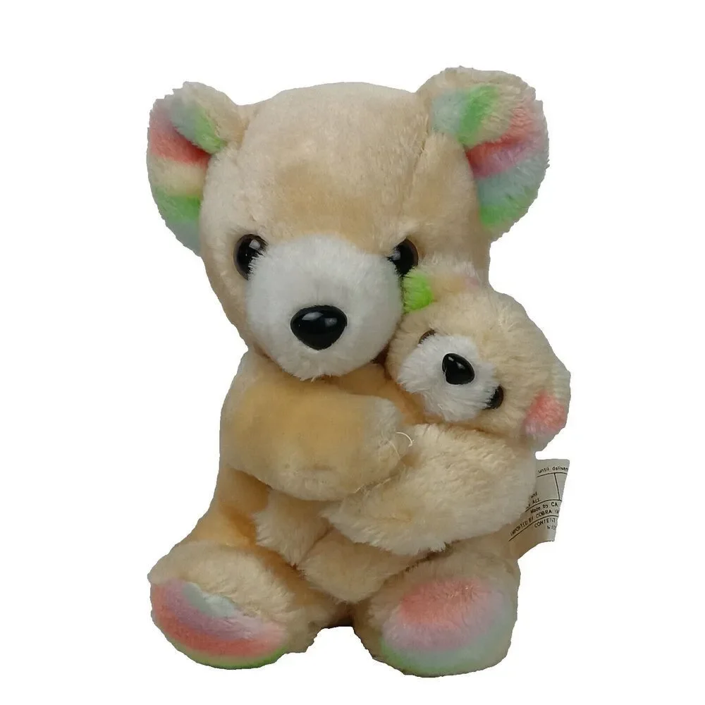 Mama Bear Hugging Baby Bear Plush Tan Pastel Rainbow Soft Stuffed Teddy Toy